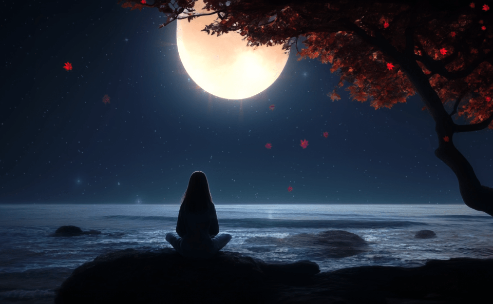 Mujer contemplando la Luna llena sobre un paisaje oceánico bajo un cielo estrellado, símbolo de introspección, ritual y energía espiritual.