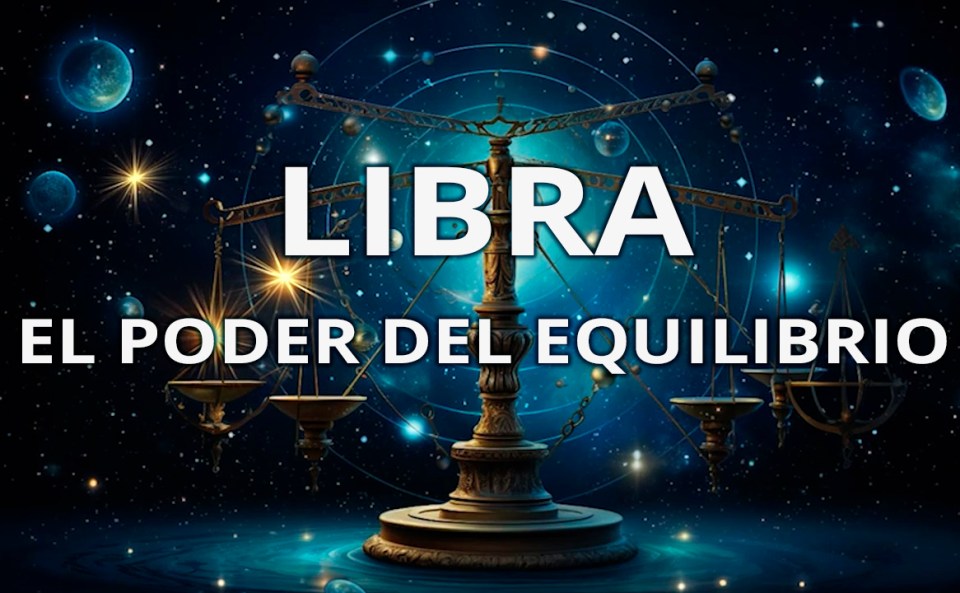 Imagen astrológica de Libra con la balanza en el cosmos y el texto “El poder del equilibrio”