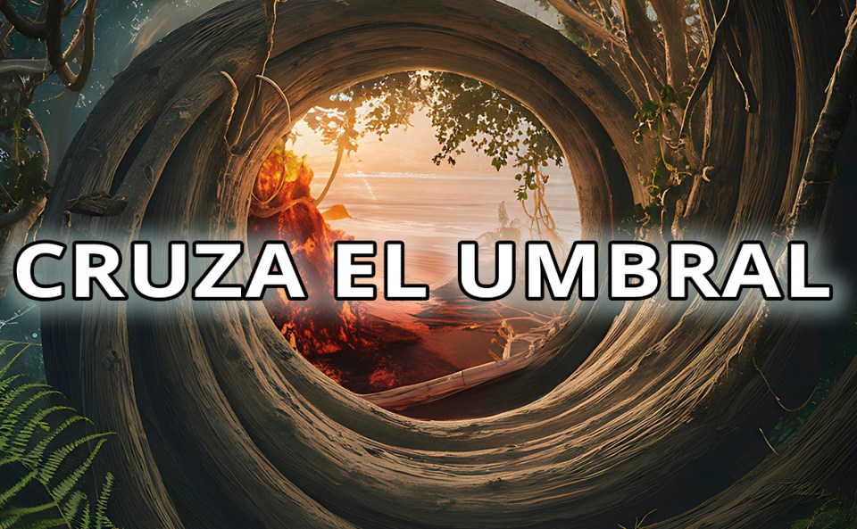 Miniatura con la frase “Cruza el Umbral” sobre un túnel de madera que se abre hacia un paisaje luminoso, simbolizando el viaje iniciático y el despertar de la conciencia.