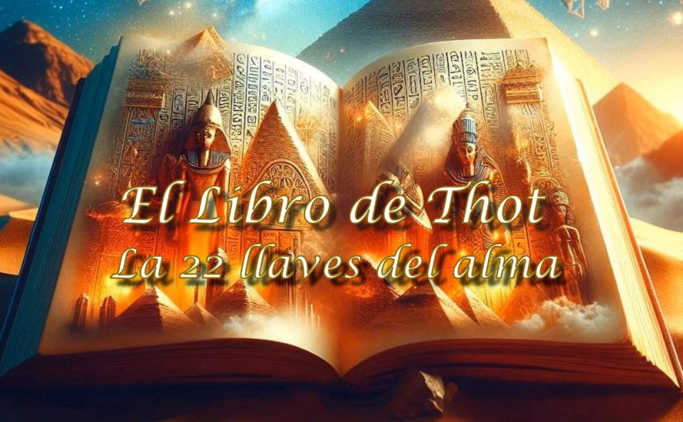 Imagen simbólica del Libro de Thot abierto, con jeroglíficos dorados y luz mística representando las 22 llaves del alma.