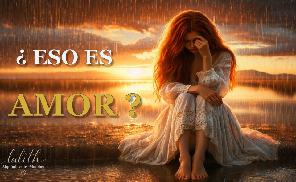 Mujer sentada al atardecer con tono dorado y mensaje “¿Eso es amor?” sobre relaciones y desgaste emocional