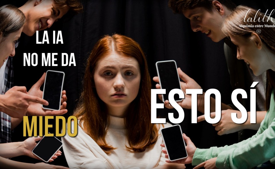 Miniatura del vídeo “La IA no me da miedo | El peligro de dejar de sentir”, con una joven rodeada de personas usando móviles, simbolizando la desconexión humana y la hiperestimulación digital.