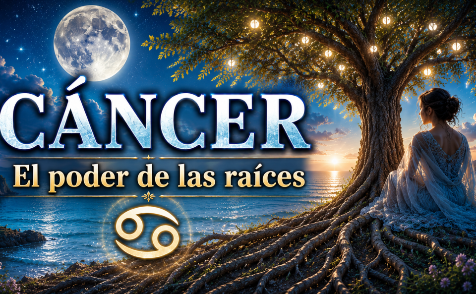 Miniatura del vídeo del signo de Cáncer con la Luna, un árbol de raíces profundas y el texto El poder de las raíces