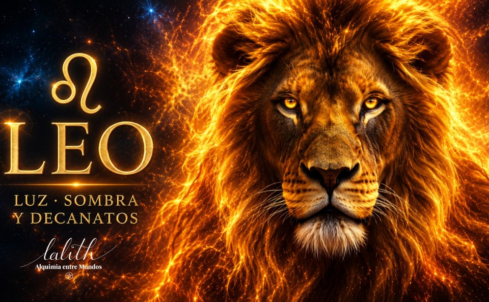 Miniatura del vídeo sobre el signo de Leo con un león de melena dorada sobre un fondo cósmico. Descubre la luz, la sombra y los tres decanatos de Leo.