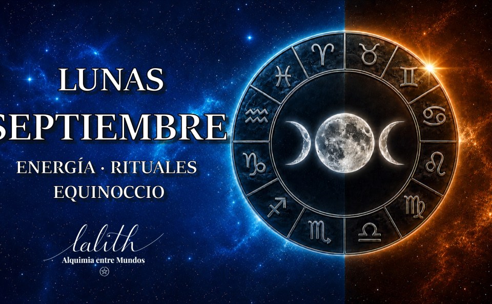 Lunas de septiembre 2026, energías, rituales y equinoccio, con una rueda zodiacal y las fases lunares.